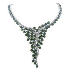 Magnificent Diamond Sapphire Tsavorite Garnet Gold Necklace