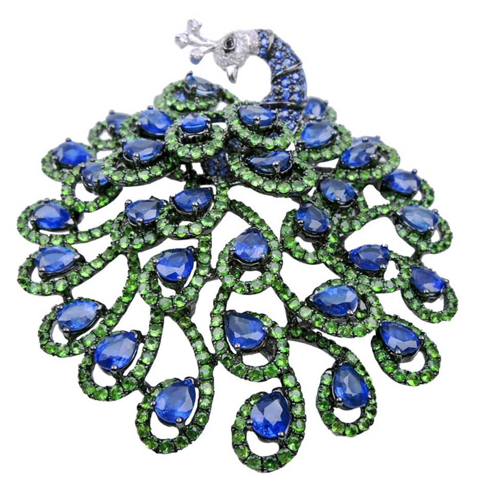 Sapphire Tsavorite Diamond Gold Peacock Pin Brooch