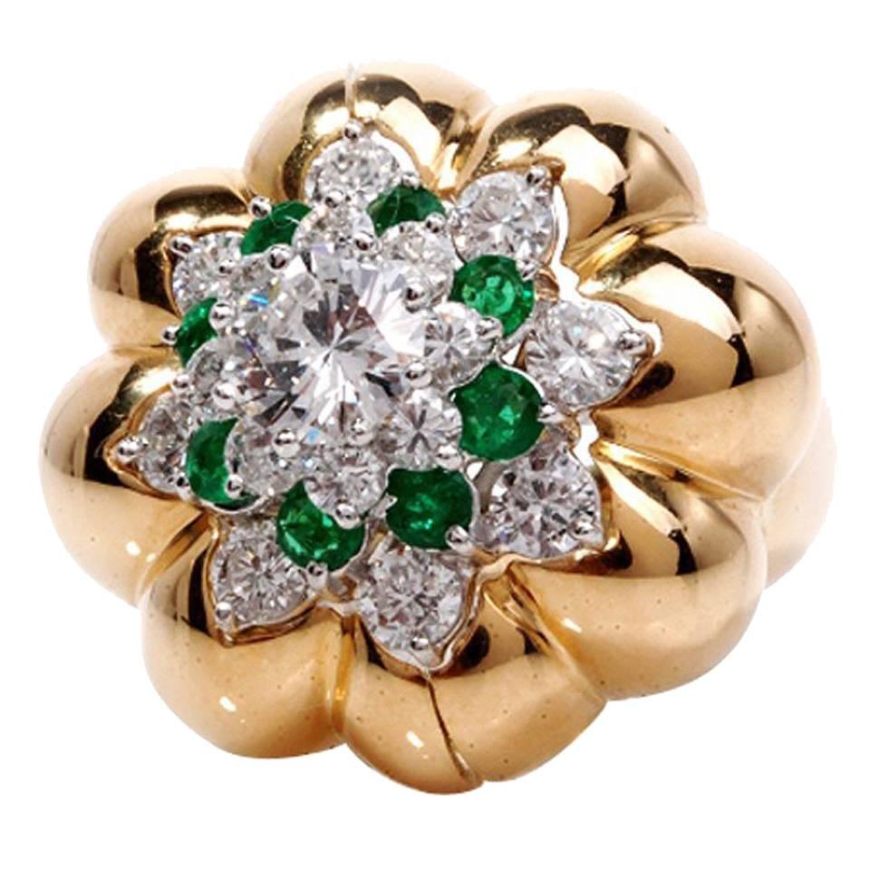 1970s Emerald Diamond Platinum Gold Insert Ring