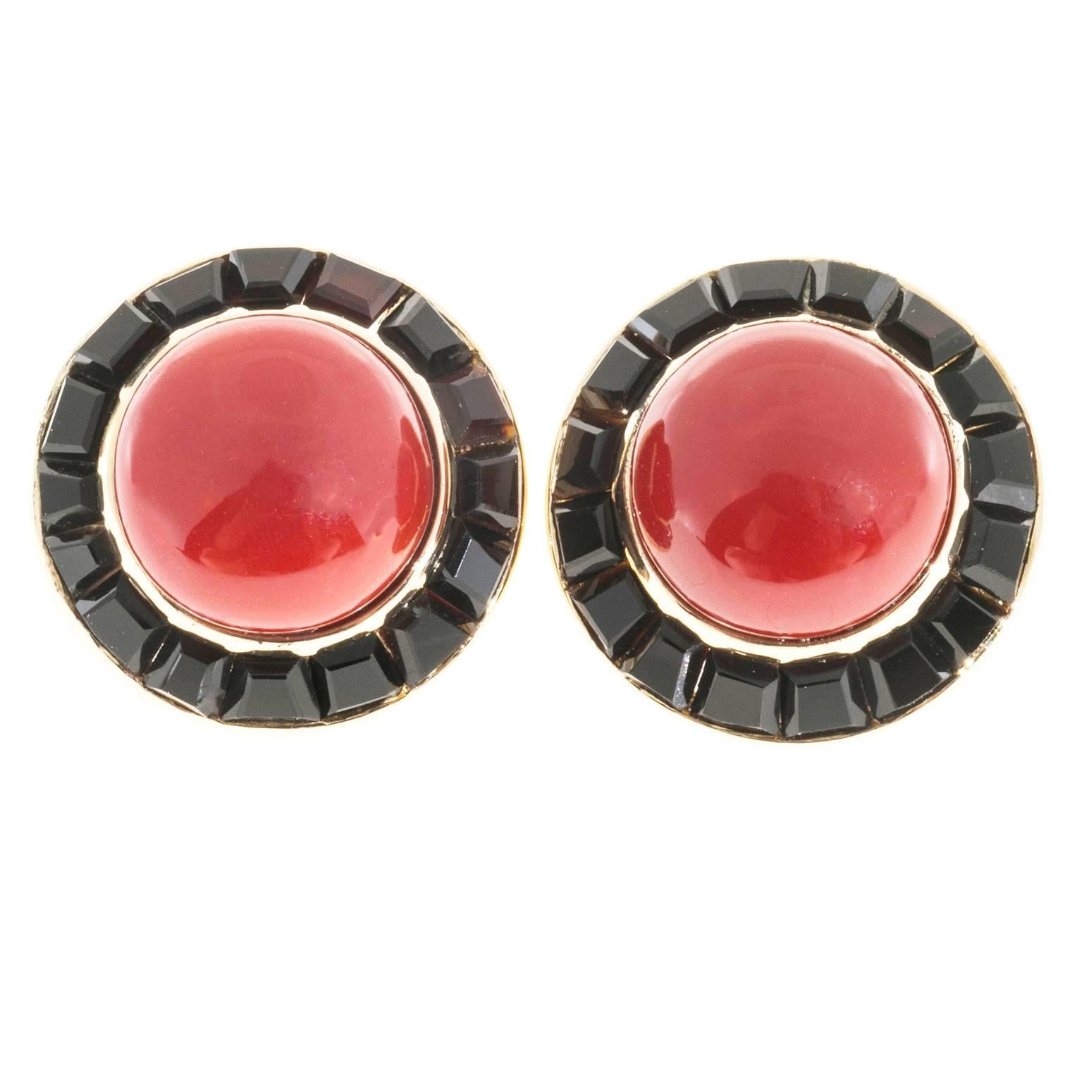 Cabochon Red Coral Black Onyx Gold Earrings  For Sale