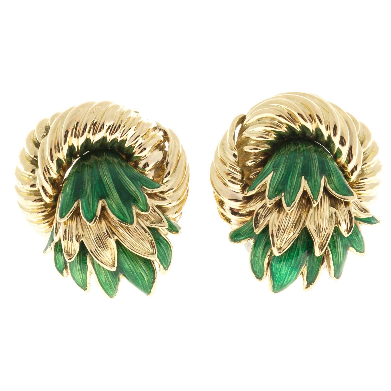 Tiffany & Co. Enamel Gold 3-D Clip Post Flower Earrings