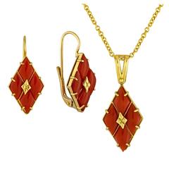 Italian Coral Gold Earring and Pendant Set