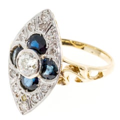 Antique Sapphire Diamond Gold Platinum Marquee Ring