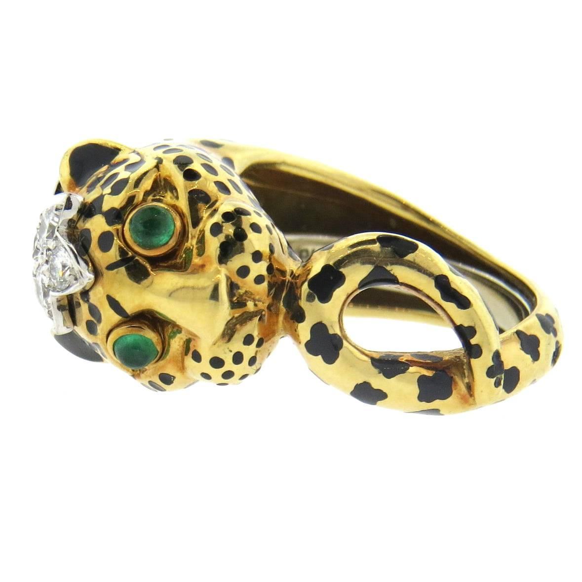 David Webb Enamel Emerald Diamond Gold Platinum Leopard Ring