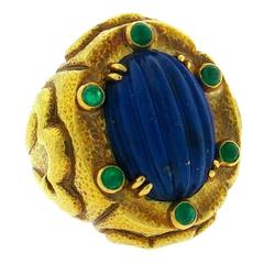 David Webb Large Carved Lapis Emerald Gold Ring
