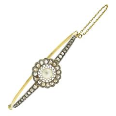 Antique Edwardian Pearl Rose Cut Diamond Gold Bangle Bracelet