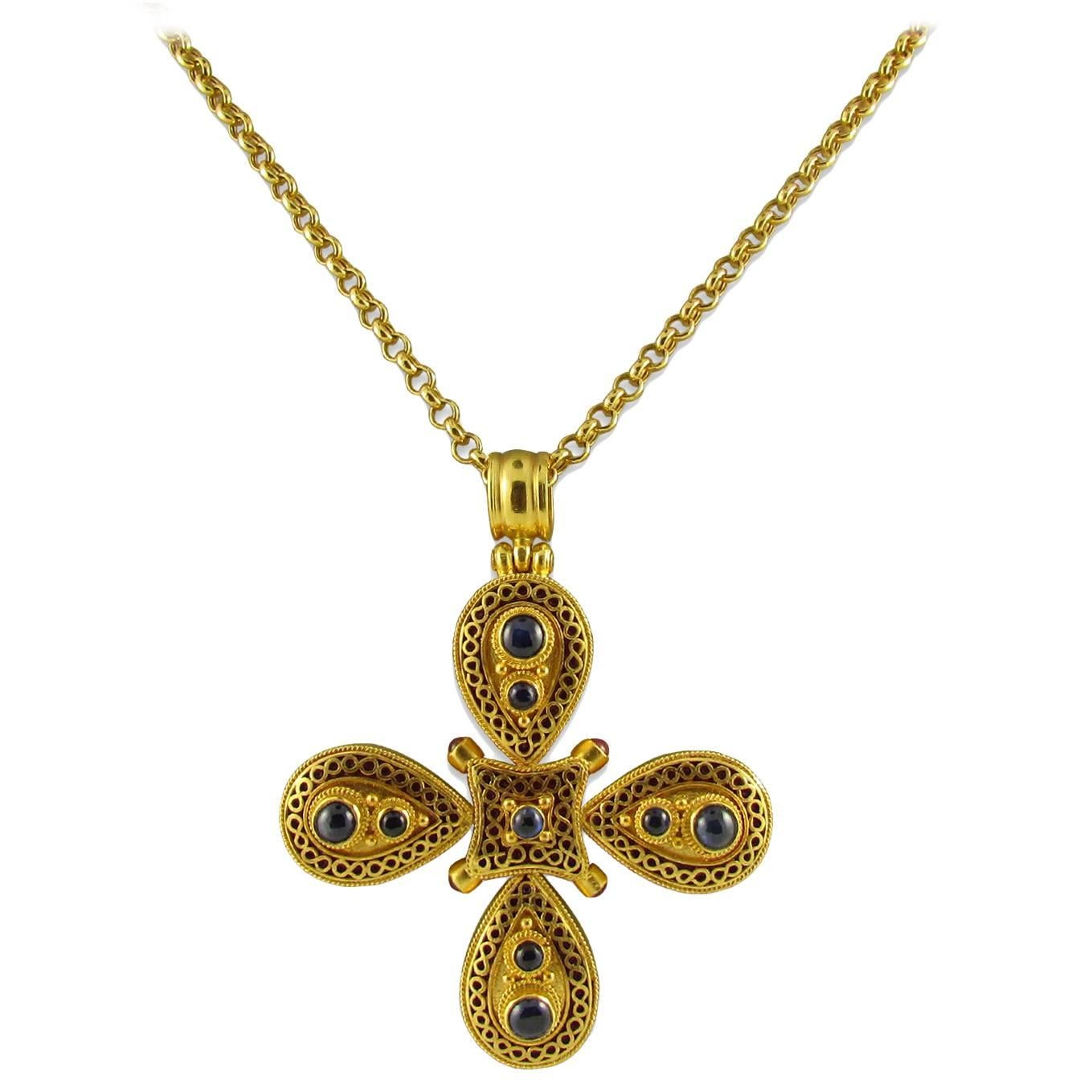 Ilias Lalaounis Enamel Gemstone Gold Maltese Cross Pendant Necklace For Sale