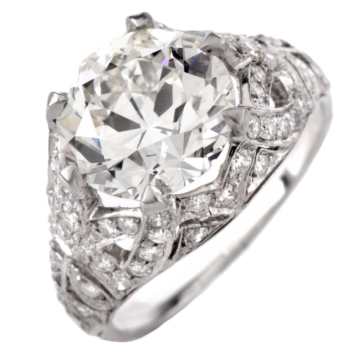 Antique 3.98 Carat Diamond Platinum Filigree Engagement Ring