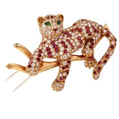 Vintage Ruby Emerald Diamond Gold Tiger Brooch Pin