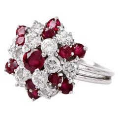 Vintage Ruby Diamond Platinum Cluster Dome Ring