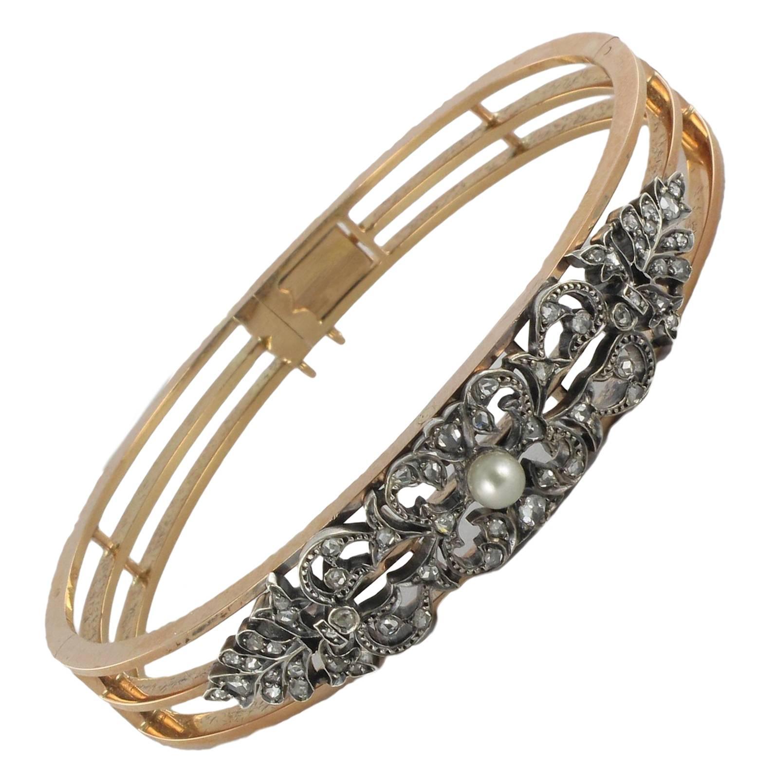 French Napoleon 3 Antique Natural Pearl Diamond Silver Gold Bangle Bracelet  For Sale