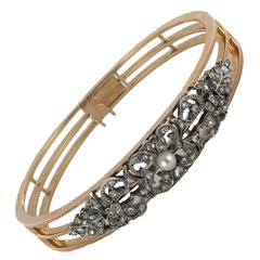 Napoleon 3 Antique Pearl Diamond Silver Gold Bangle Bracelet 1