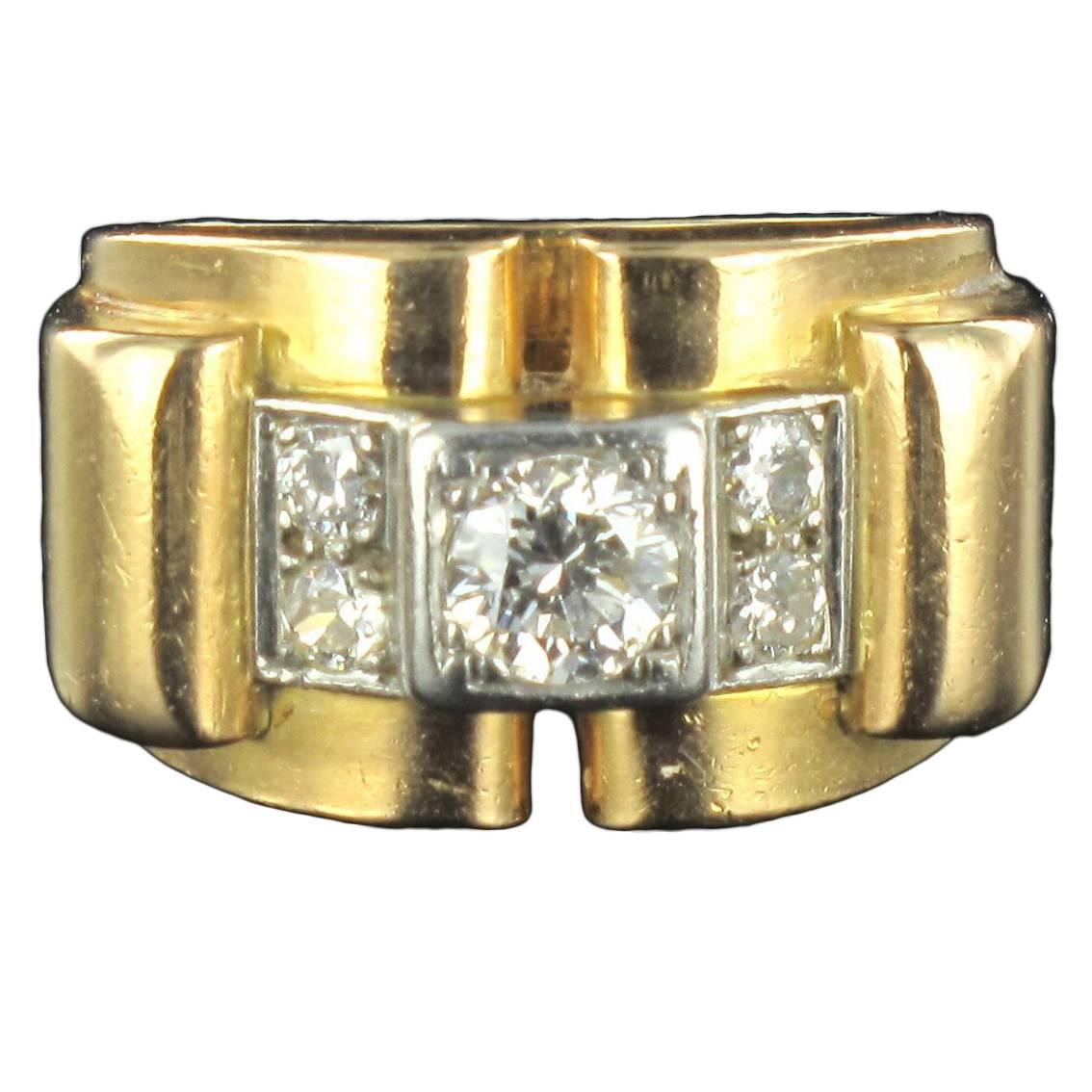 1940s Retro French Diamond 18 Carat Yellow Gold Platinum Bridge Tank Ring 