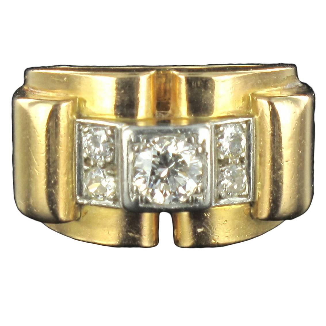 1940er Jahre Retro Französisch Diamant 18 Karat Gelbgold Platin Brücke Tank Ring