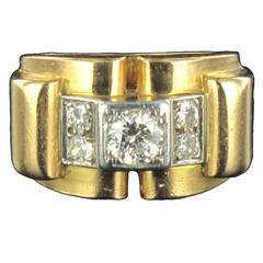 bague rétro des années 1940 à diamant français en or jaune 18 carats et platine à pont Tank Ring