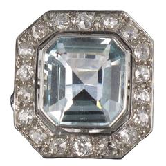 French Art Deco Aquamarine Diamond Gold Platinum Ring