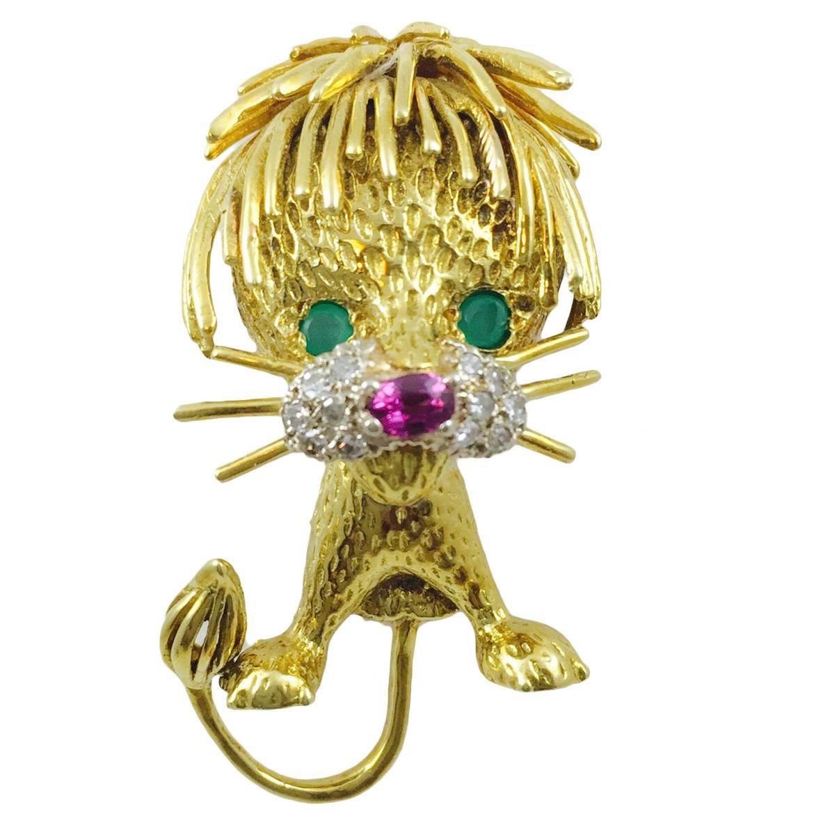 1960s Hammerman Bros. Ruby Emerald Diamond Gold Lion Brooch For Sale