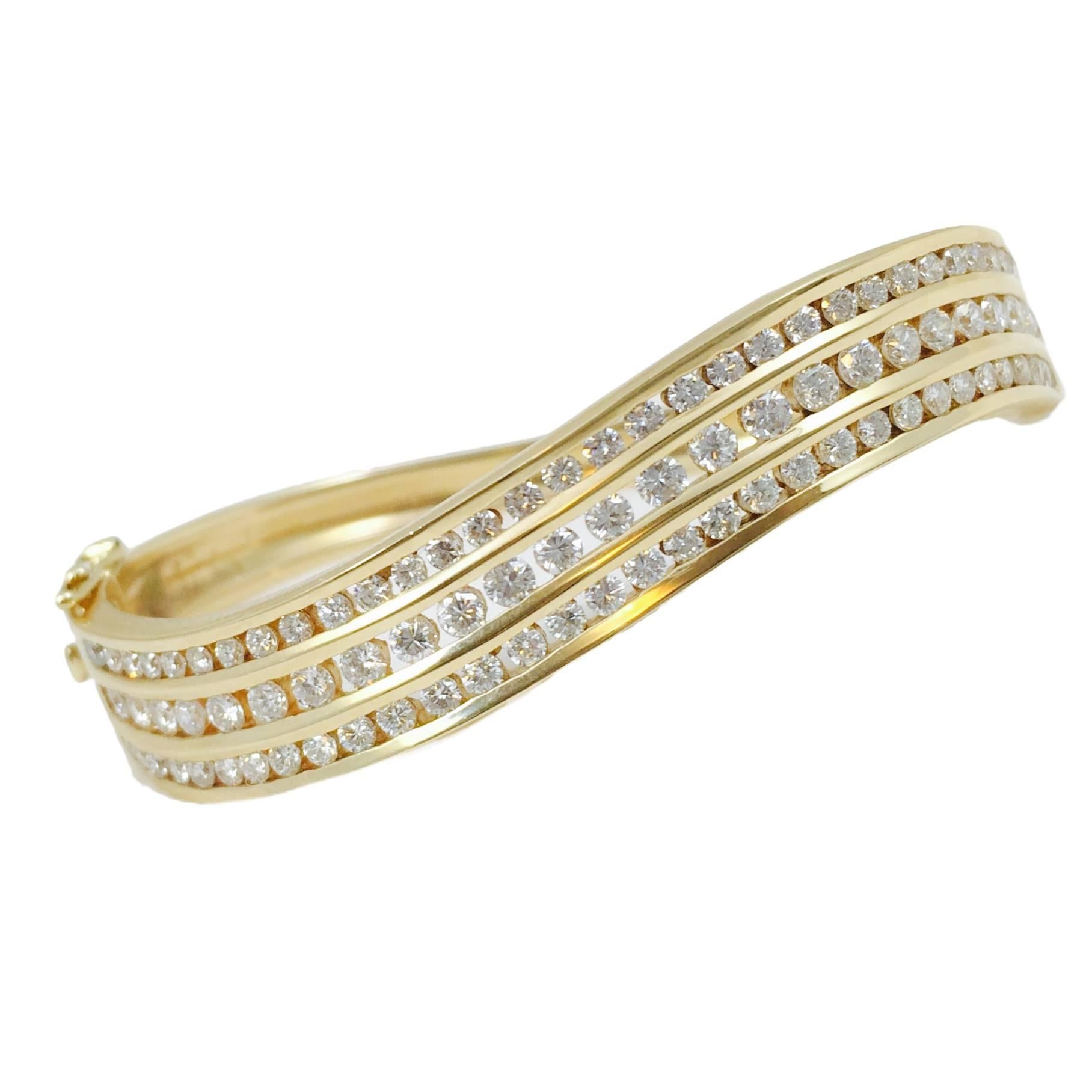 Three Row Diamond Gold Waves Bangle Bracelet For Sale