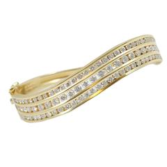 Three Row Diamond Gold Waves Bangle Bracelet 11