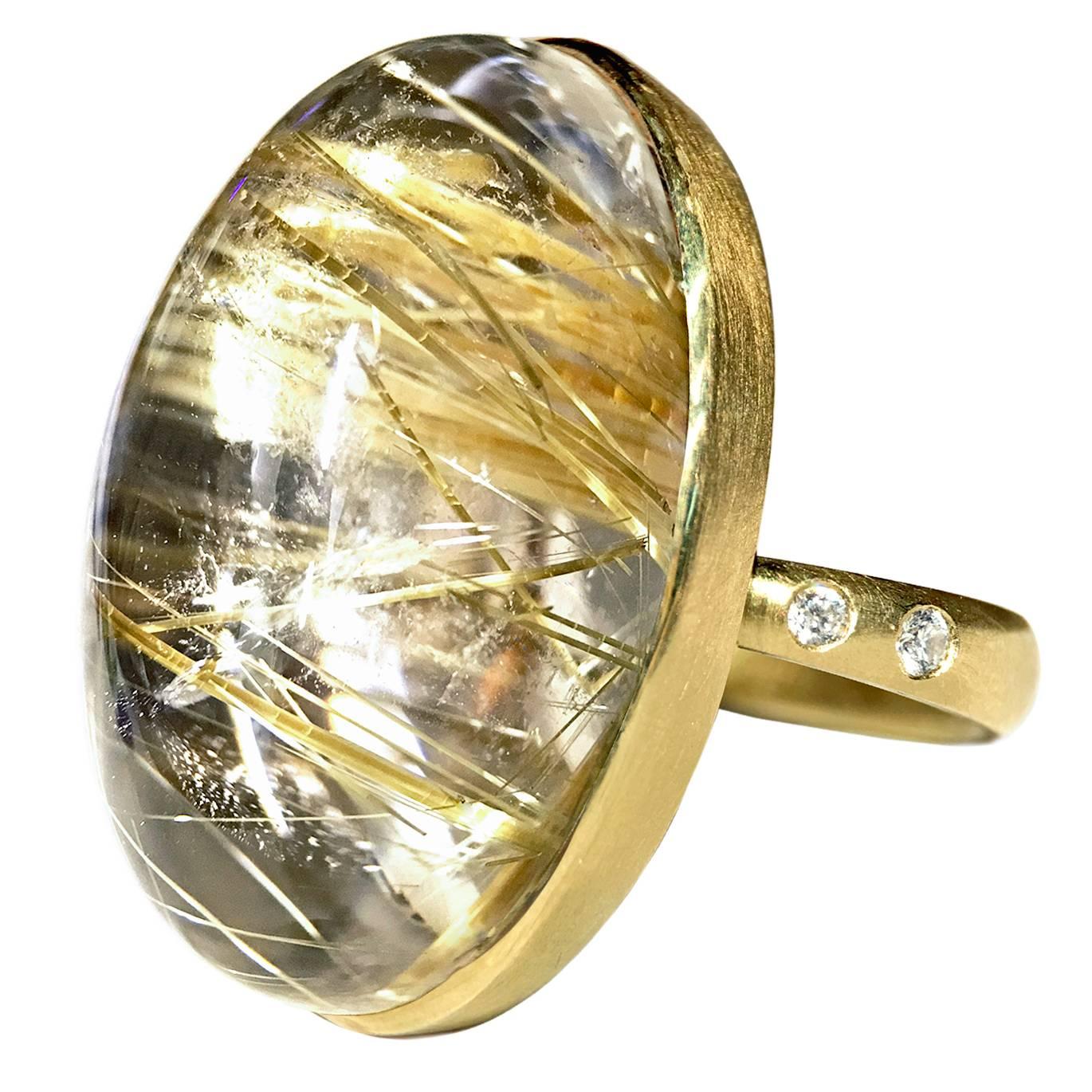 Robin Waynee goldener Rutilquarz Diamant Gold ovaler Kuppel-Spiegelring
