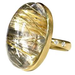Robin Waynee Golden Rutile Quartz Diamond Gold Oval Dome Mirror Ring