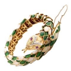 Vintage Enamel Precious Gemstone Gold Snake Bracelet