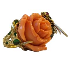 Coral Gemset Gold Flower Sculpture Ring