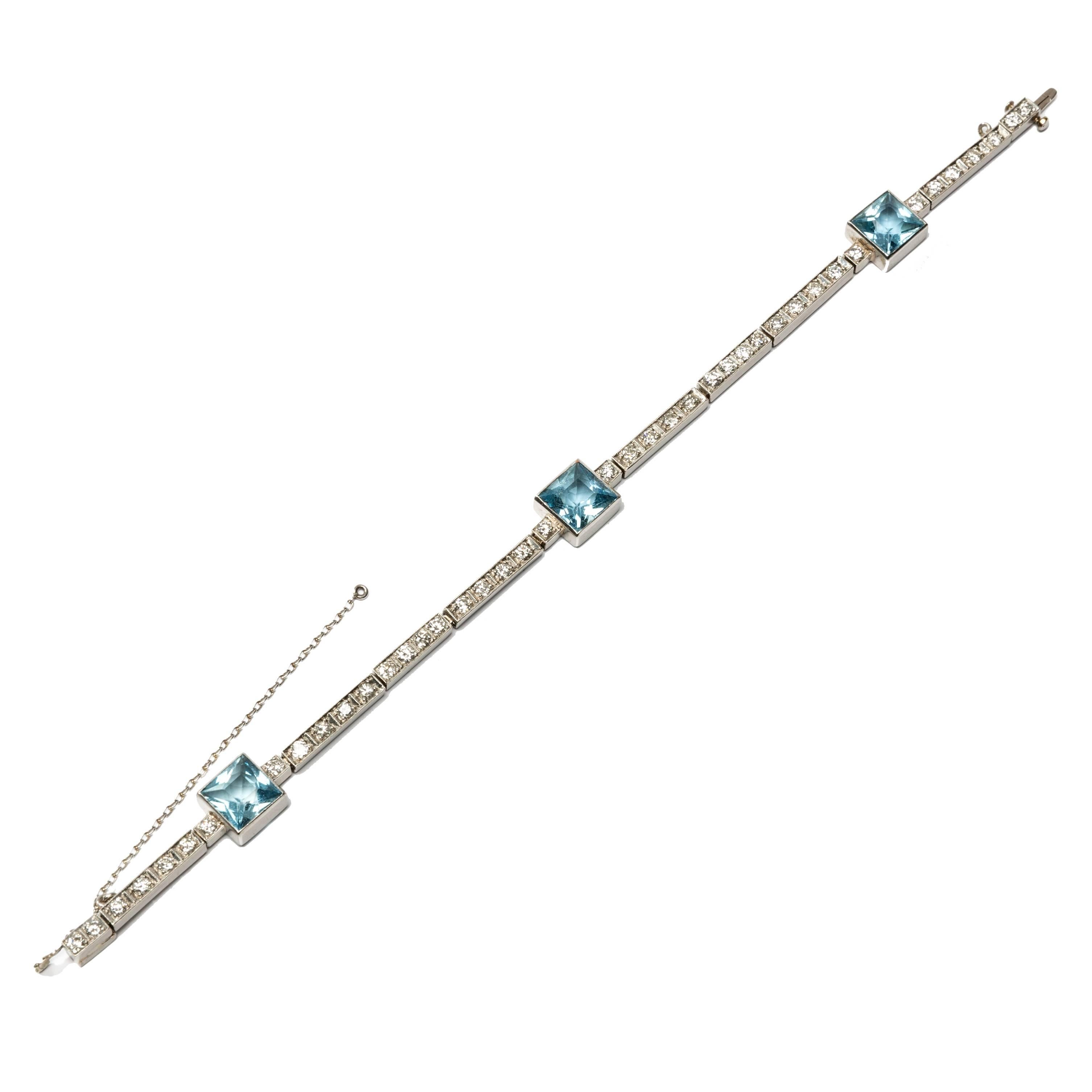 Platin-Armband mit Aquamarin und Diamant im Art déco-Stil