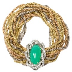 Vintage Chrysoprase Cabochon Diamond Braided Gold Bracelet