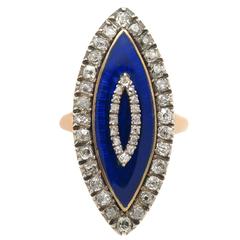 1870s Enamel Diamond Gold Navette Ring 