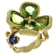 Chanel Camellia Green Peridot Blue Iolite Gold Flower Ring