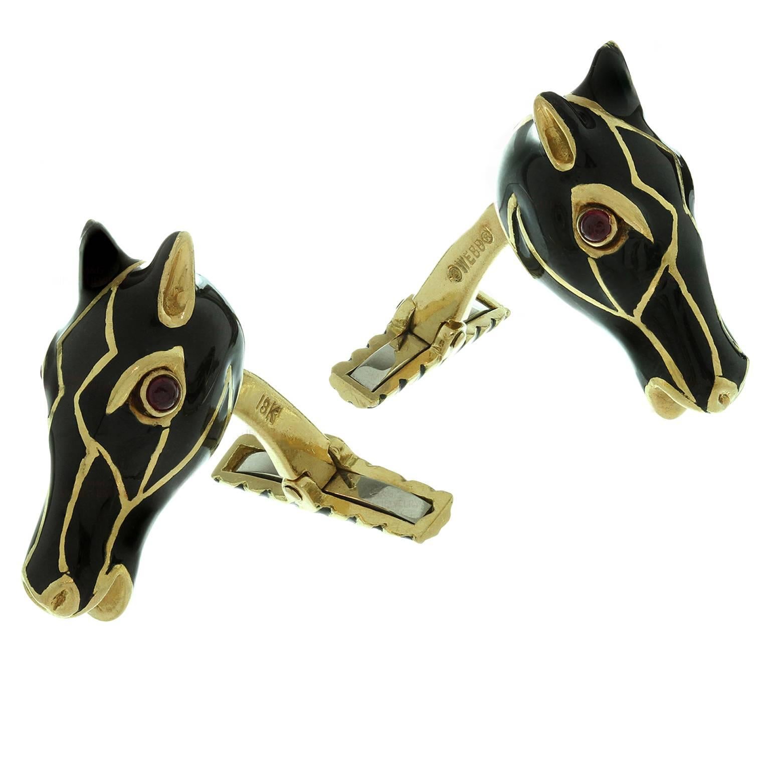 David Webb Enamel Ruby Gold Horse Head Cufflinks