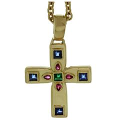 Cartier Byzantine Multicolor Gemstone Gold Cross Pendant Necklace