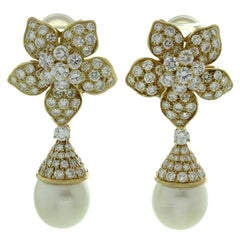 Van Cleef & Arpels Pearl Diamond Gold Clip-On Flower Earrings