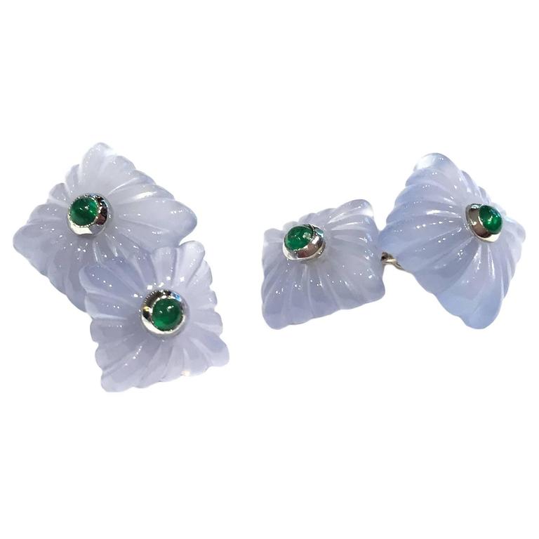 Italian Chalcedony Emerald Gold Cufflinks For Sale at 1stDibs