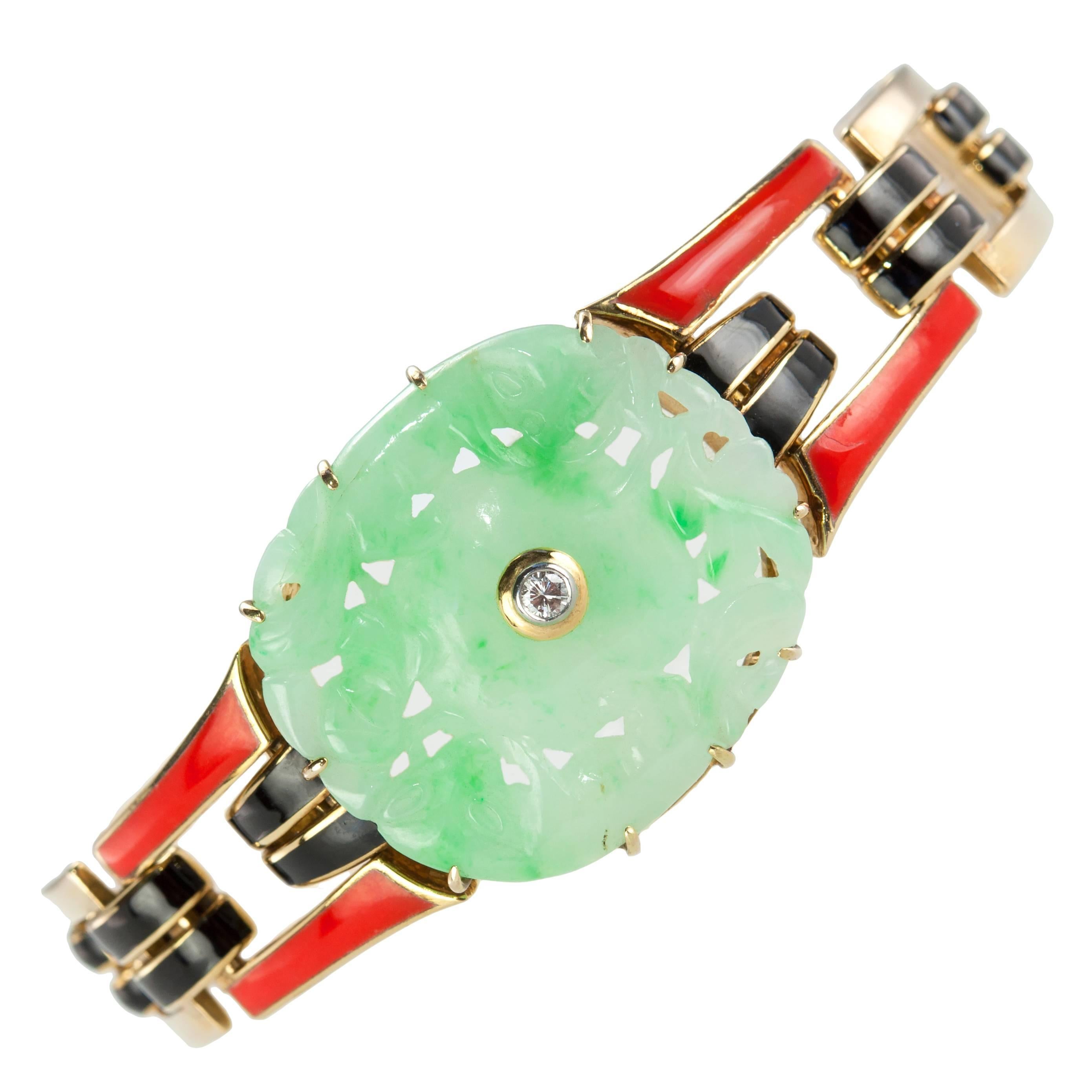 Cartier Art Deco Enamel Jade Gold Bracelet, circa 1940s For Sale