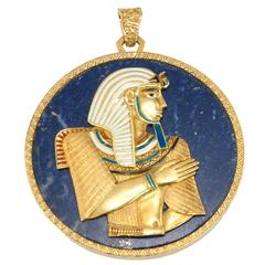 1970s Egyptian Motif Enamel Lapis Gold Pendant 