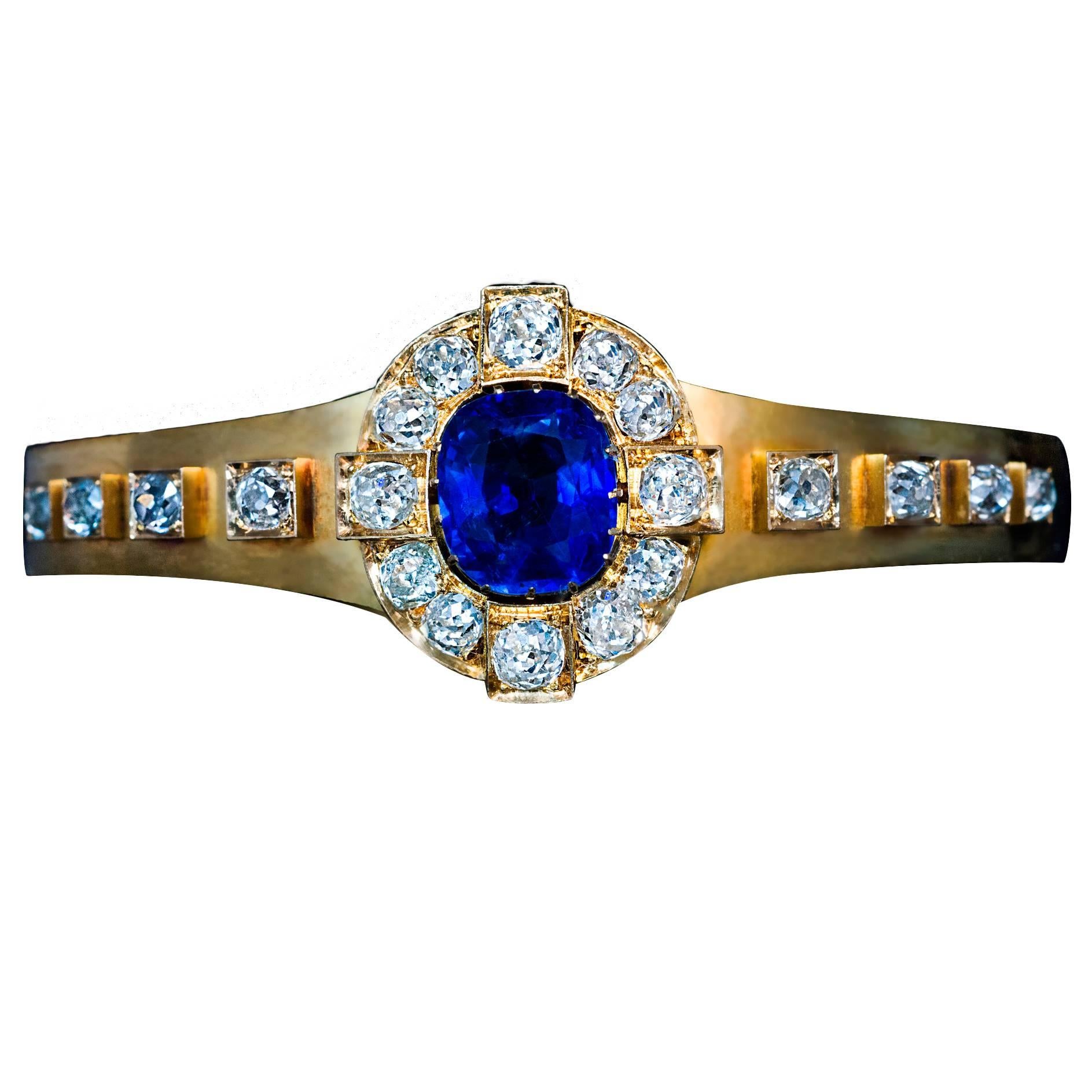 Antique Unheated Burma Sapphire Diamond Gold Bangle Bracelet