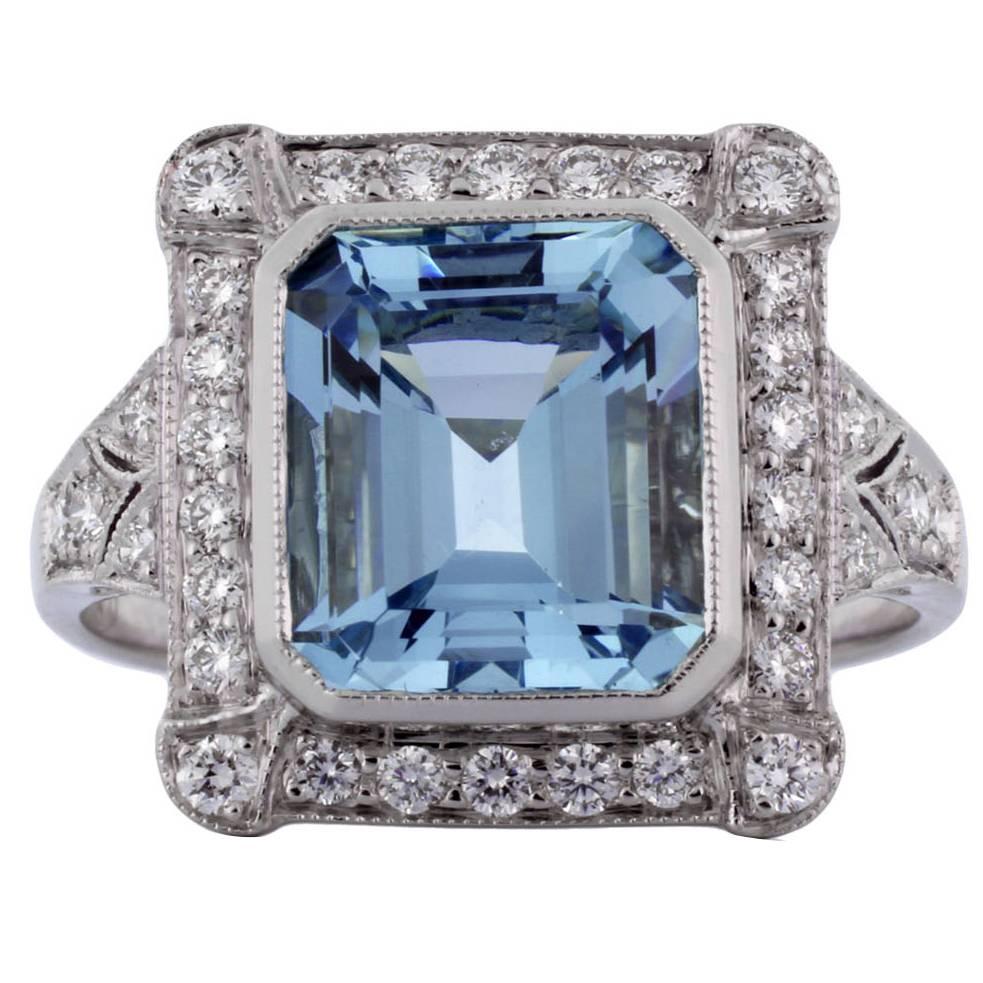 2.64 Carat Aquamarine Diamond Platinum Ring For Sale