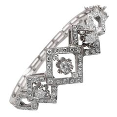 1950s Geometric 2 Carat Diamond Gold Bangle Cuff Bracelet 1