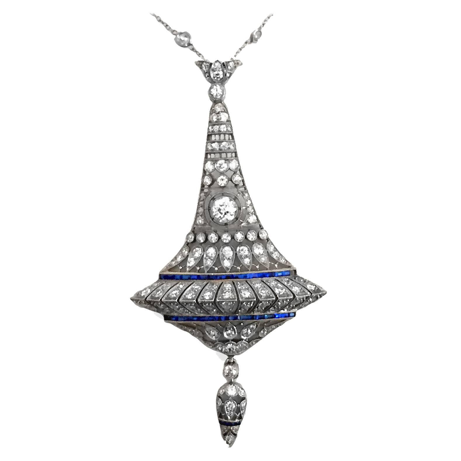 Very Fine Art Deco Sapphire Diamond Platinum Pendant