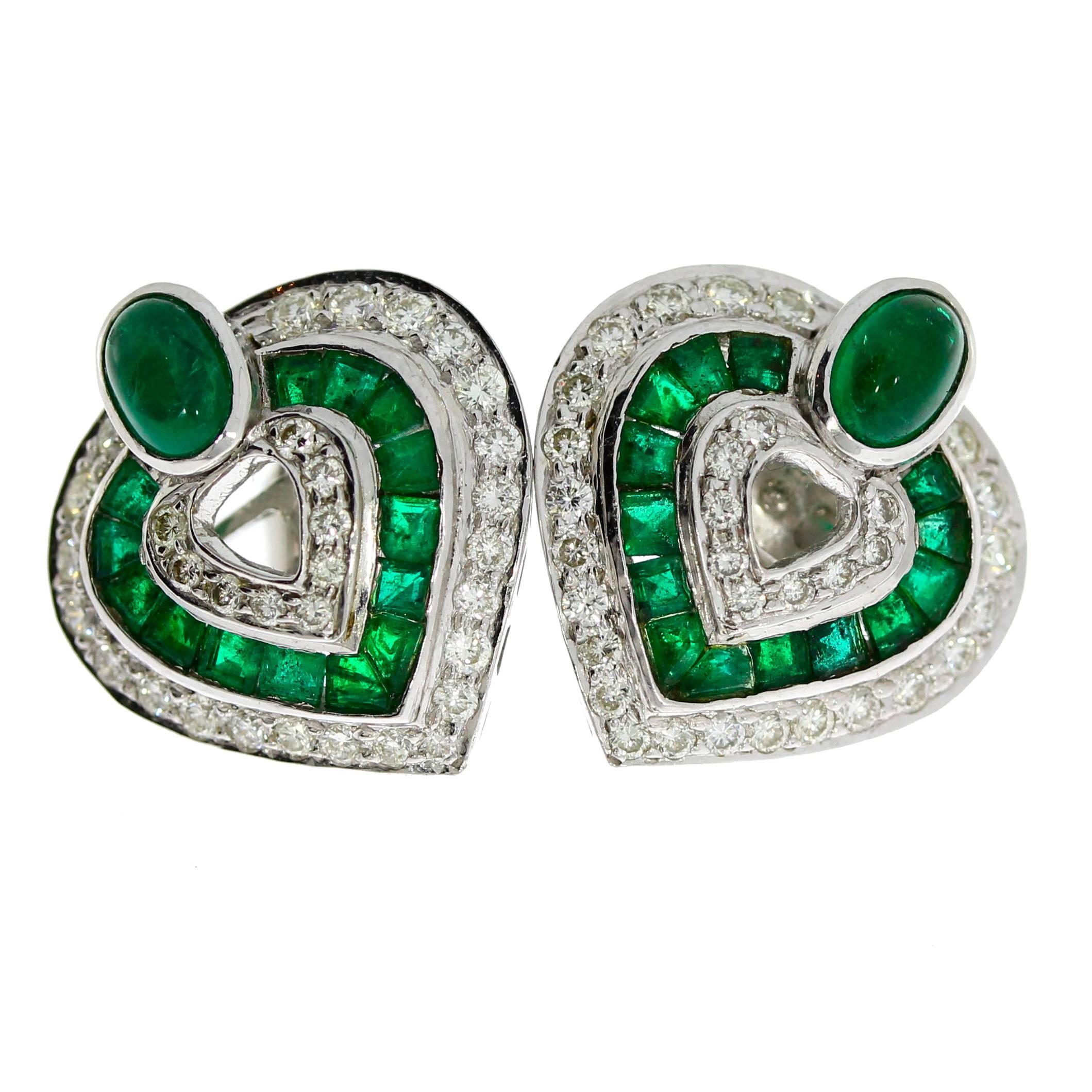 Heart-Shaped Emerald Diamond Gold Earrings