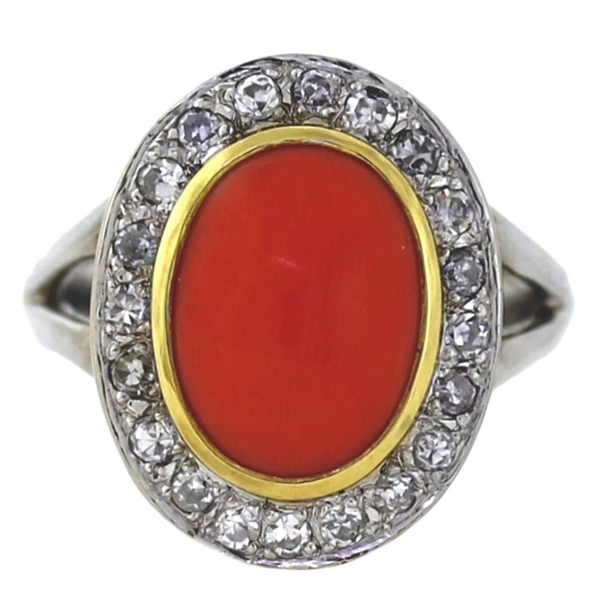 Red Coral Diamond Gold Ring