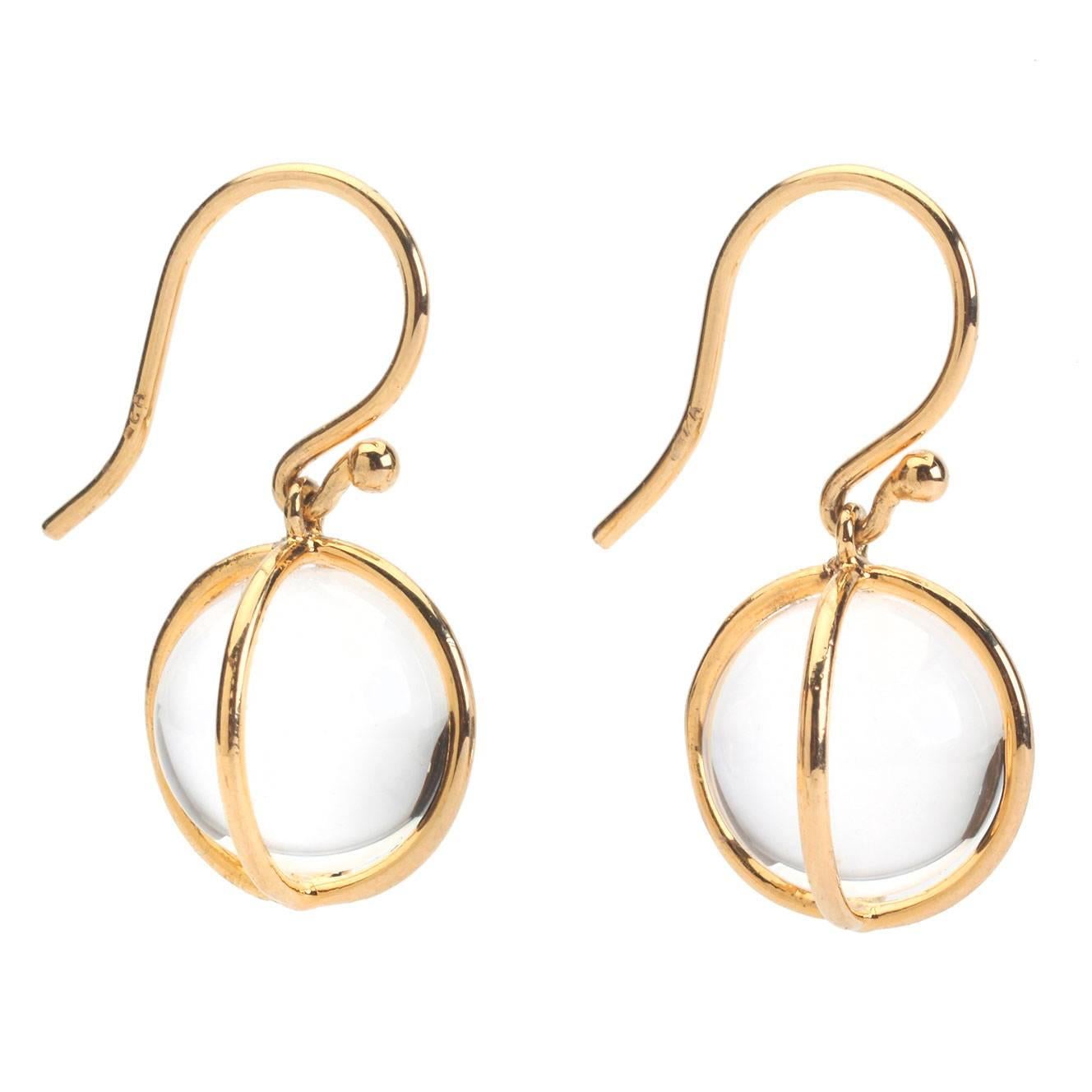 Rock Crystal Gold Wrapped Ball Hanging Earrings on Wire For Sale