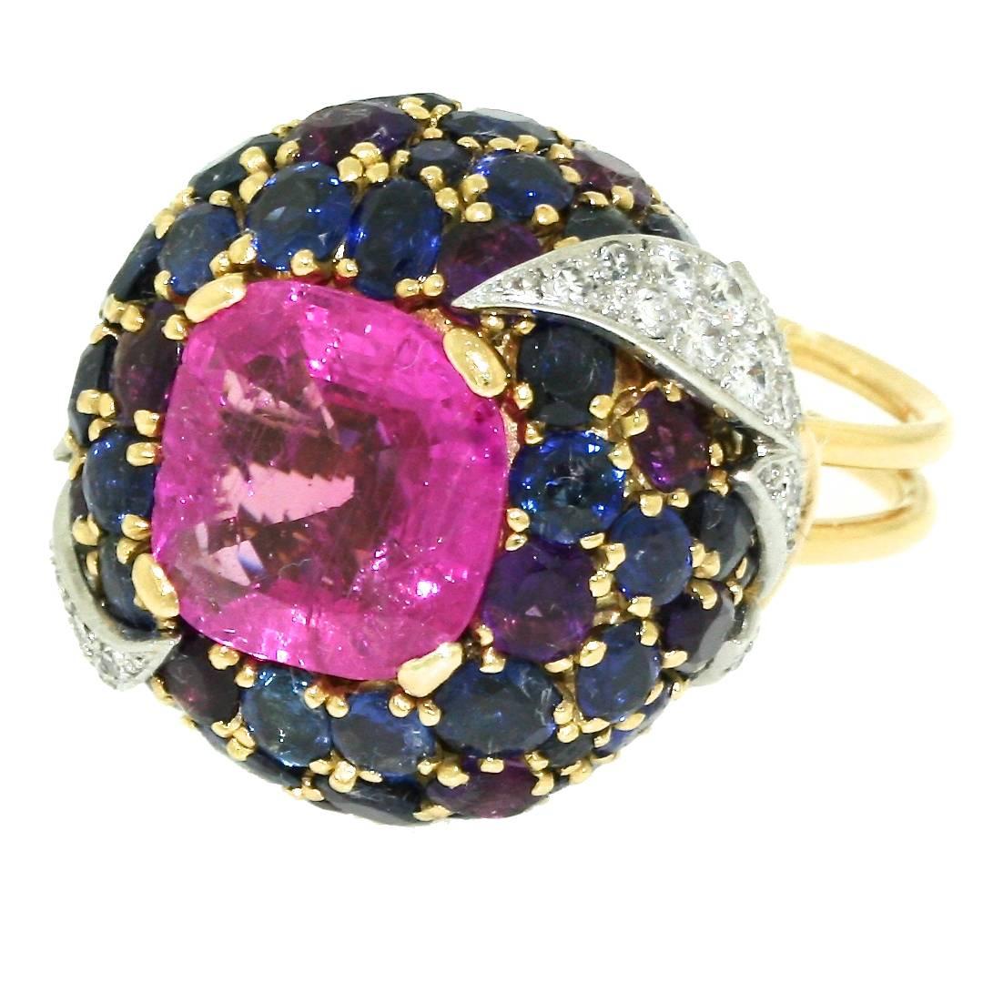 1960s Schlumberger Natural Pink Sapphire Diamond Gold Platinum Bombe Ring For Sale