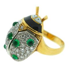 1970s Illario Enamel Emerald Diamond Gold Ladybug Ring