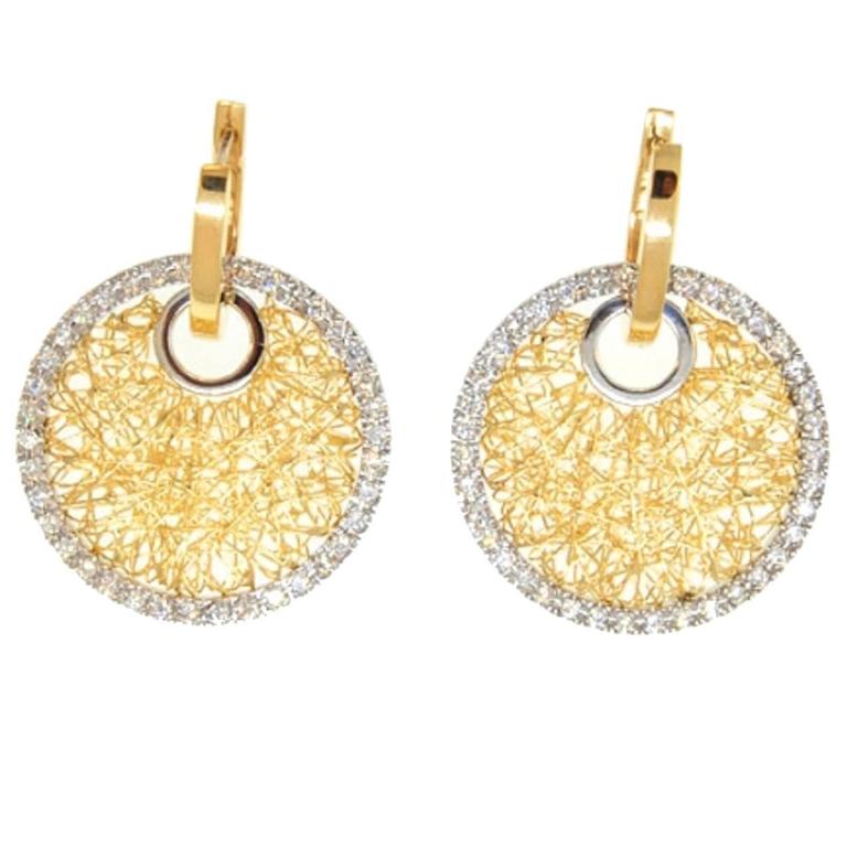 Diamond Gold Circle Mesh Earrings For Sale