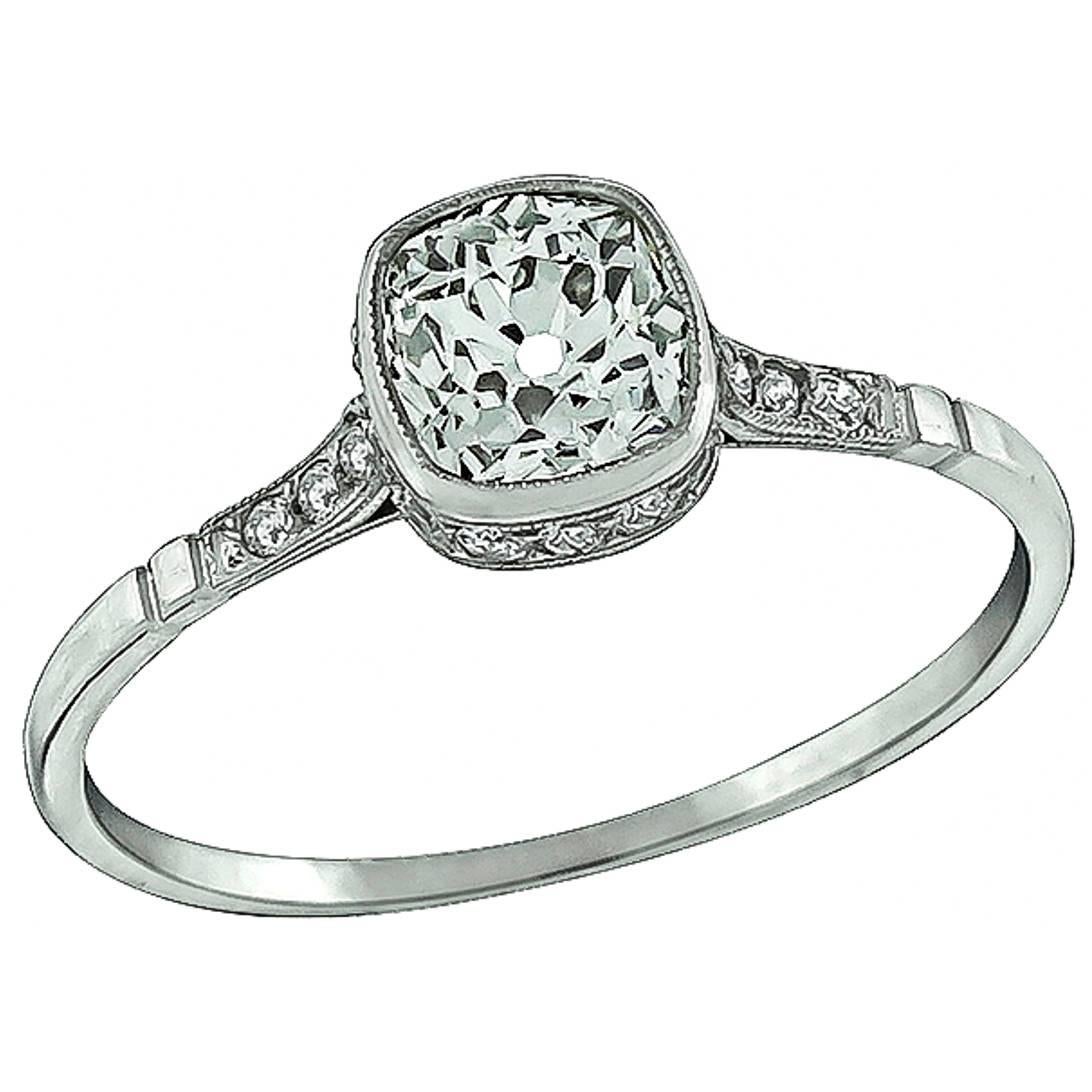  0.78 Carat Old MIne Cushion Cut Diamond Platinum Engagement Ring For Sale