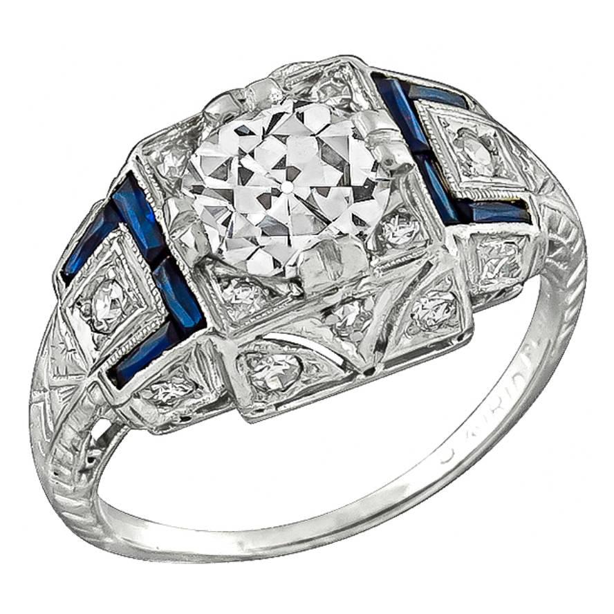 1.00 Carat Sapphire Diamond Platinum Engagement Ring