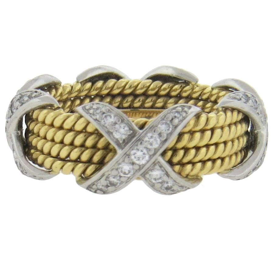 Tiffany & Co. Schlumberger Diamond Gold Platinum Four Row X Ring